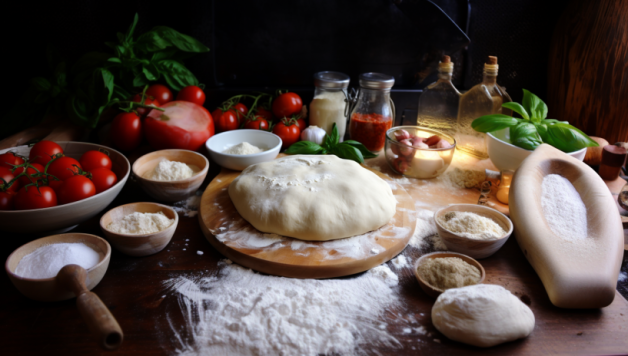 Fresh Pizza Dough with ingredients surrounding