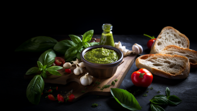 small bowl of pesto on chopping board surrounded by bread, tomatoes and basil